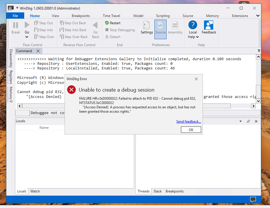 windbg debugging fail